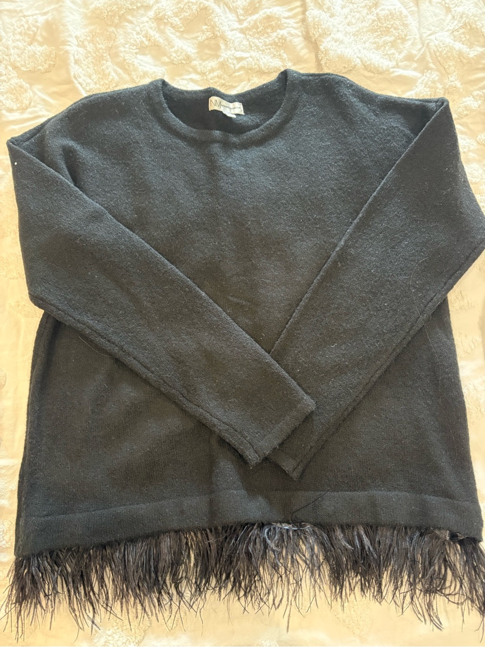 Neiman Marcus Black Crewneck Sweater with Feather Hem